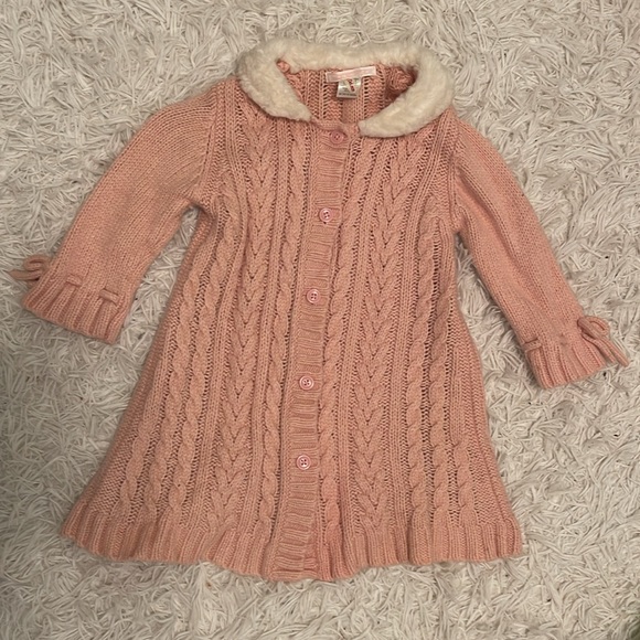Janie and Jack Pink Cable Knit and Faux Fur Button Up Dress - Picture 2 of 4